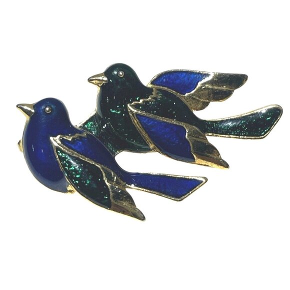 Brooch Bird Enameled Parrots Pigeons Parakeets 2" x 1" - Picture 2 of 6